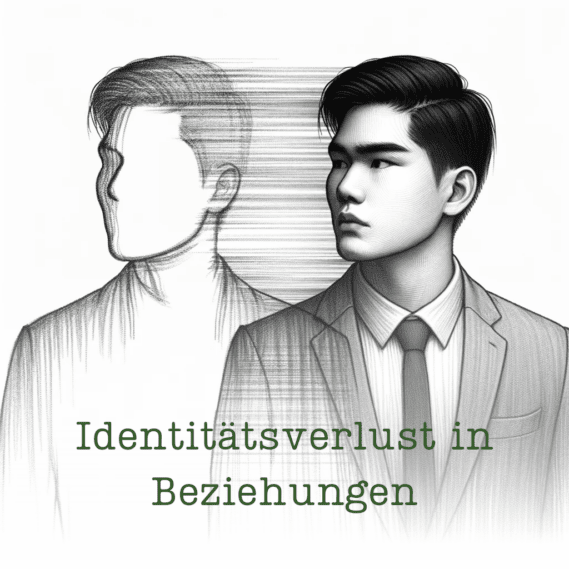 Illustration eines Mannes, dessen Gesicht teilweise verblasst, symbolisiert Identitätsverlust und übermäßige Anpassung in einer unsicher-ambivalenten Bindung.