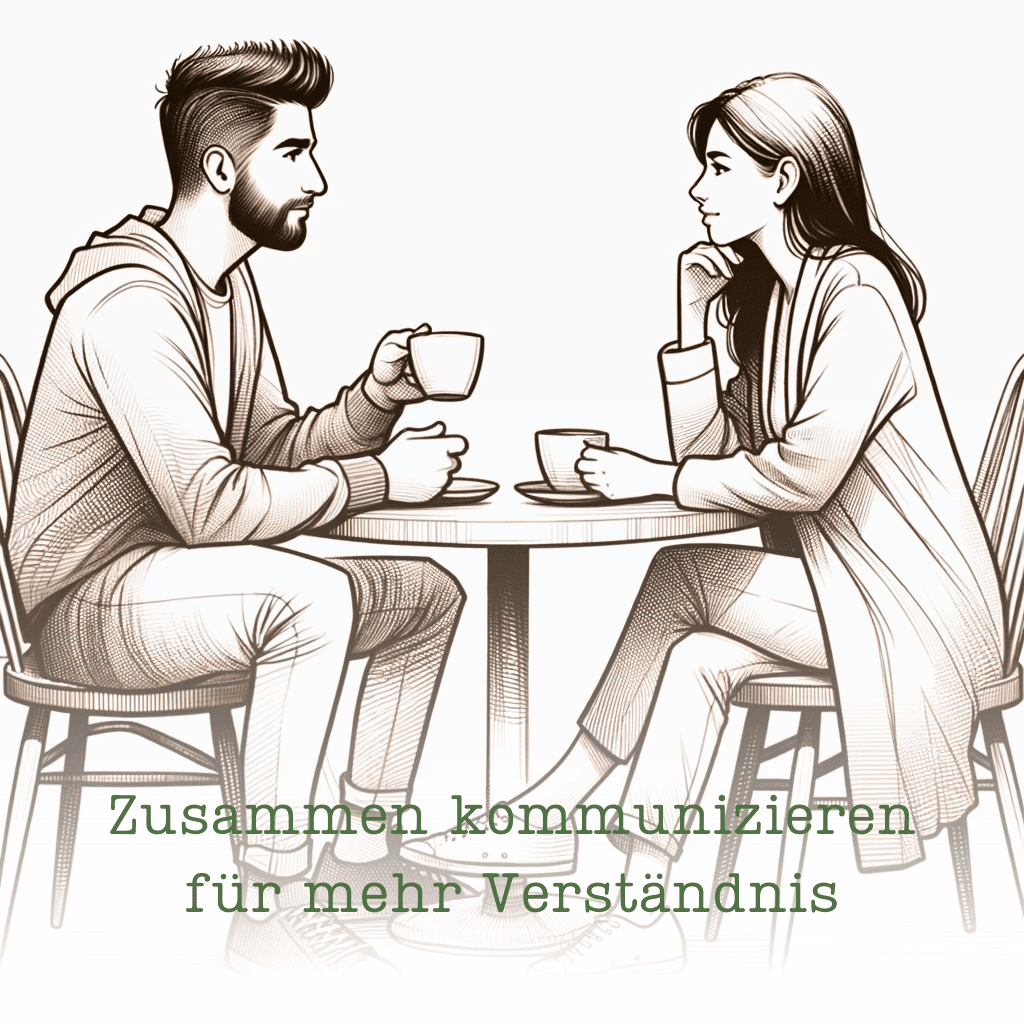 Illustration eines Mannes und einer Frau, die sich bei einem Kaffee am Tisch gegenüber sitzen und sich austauschen – Symbol für Kommunikation im unsicher-ambivalenten Bindungstyp.