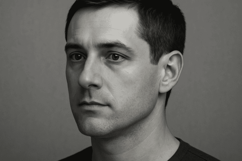 Unsicher-ambivalenter Bindungsstil: Porträt eines nachdenklichen Mannes mit ernster Mimik vor neutralem Hintergrund.