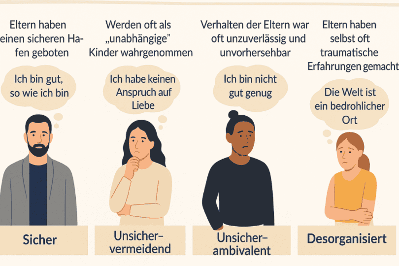Infografik zeigt vier Bindungstypen der Bindungstheorie mit Menschen und typischen Gedankenmustern