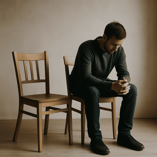 Ein Mann sitzt vornübergebeugt, neben ihm ein leerer Stuhl in einem ruhigen, klaren Raum. Symbol für den unsicher-ambivalenter Bindungsstil