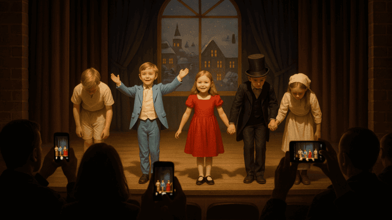 Eltern filmen die Schulaufführung mit Smartphones. Kinder verbeugen sich. Präsenz trifft Zerstreuung im warmen Bühnenlicht