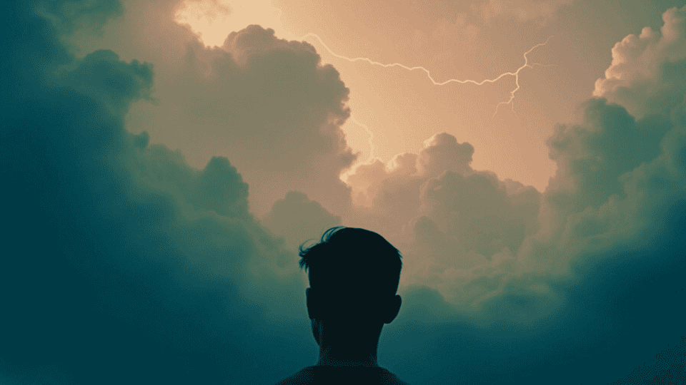 Silhouette einer Person vor Gewitterwolken symbolisiert Auslöser erkennen und innere Haltung in Beziehung stabil halten