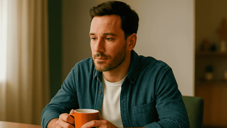 Nachdenklicher Vater am Esstisch mit orangefarbener Tasse im Abendlicht. Innere Einstellung in Beziehungen