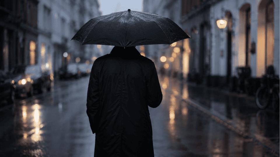 Silhouette eines Mannes mit Regenschirm im Regen, als Symbol dafür, stärker nach der Trennung zu werden
